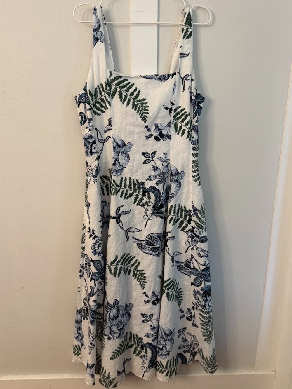 Rachel Zoe Linen Blend Blue Floral Green Fern Midi A-Line Dress Size 14